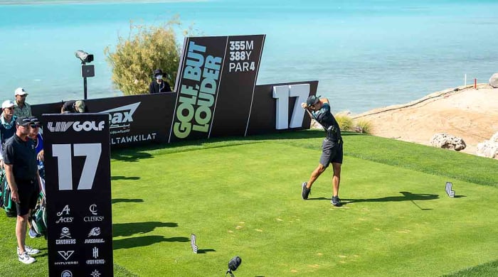 Joaquín Niemann hits his shot from the 17th tee during the final round of 2024 LIV Golf Jeddah at the Royal Greens Golf & Country Club in King Abdullah Economic City, Saudi Arabia.